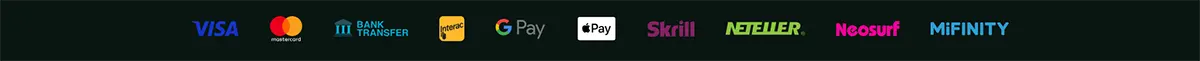 Payment methods banner displaying Visa, Mastercard, bank transfer, Interac, Google Pay, Apple Pay, Skrill, Neteller, Neosurf, and MiFinity logos on a dark background.