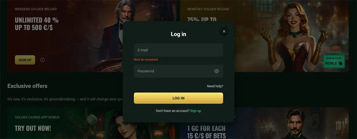 Goldex Casino login popup with email and password fields, a gold log-in button, and a dark green interface over a blurred promotions background.